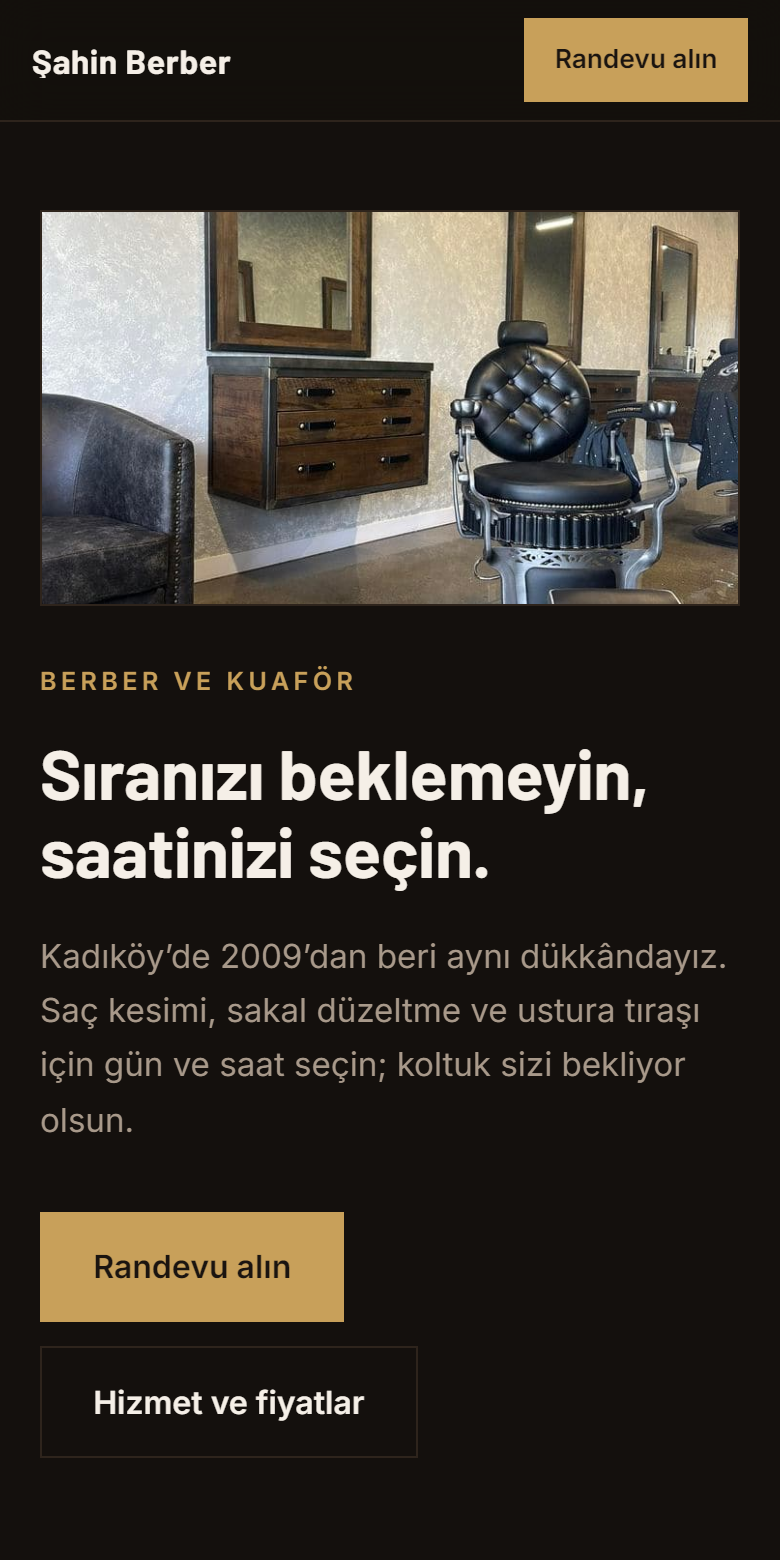Berber ve Kuaför şablonunun telefonda görünümü